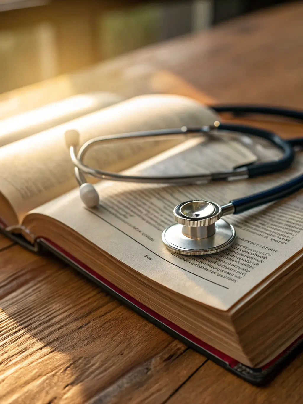 A focused image of a medical textbook open to a page on cardiology, with a stethoscope resting on the book. The scene is well-lit and professional, suitable for an educational website.