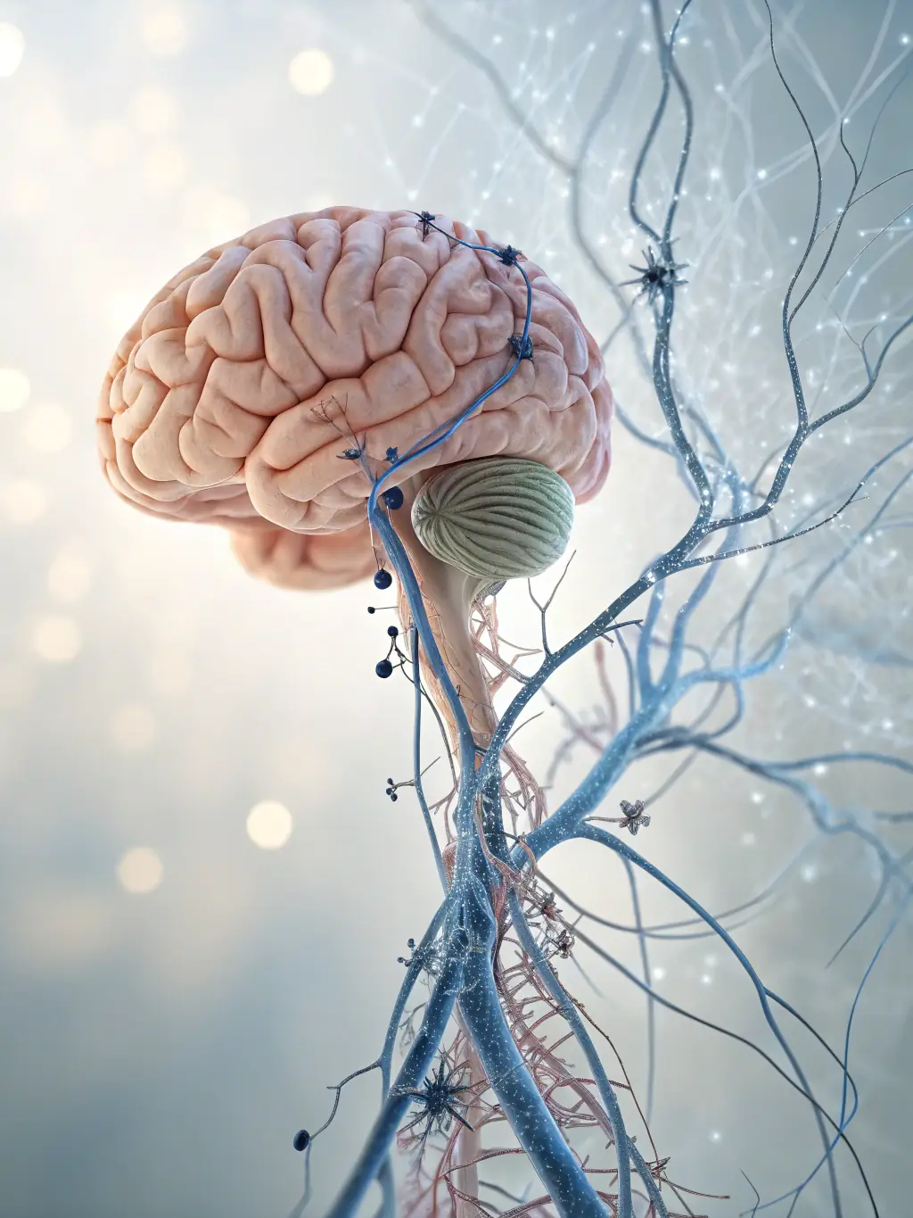 A digital illustration of the human nervous system, highlighting key structures and pathways. The illustration should be visually appealing and informative, suitable for an educational website.