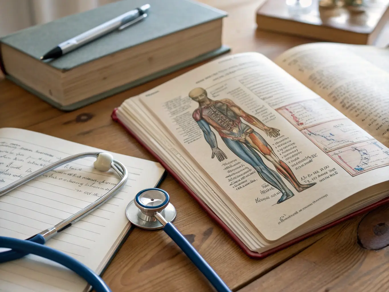 A close-up shot of a medical textbook open to a page with highlighted key concepts, with a stethoscope and pen resting on top.