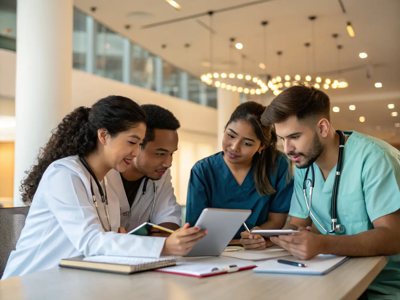 A group of medical students intensely discussing exam strategies around a table, with textbooks and notes scattered around, illuminated by warm, focused lighting.