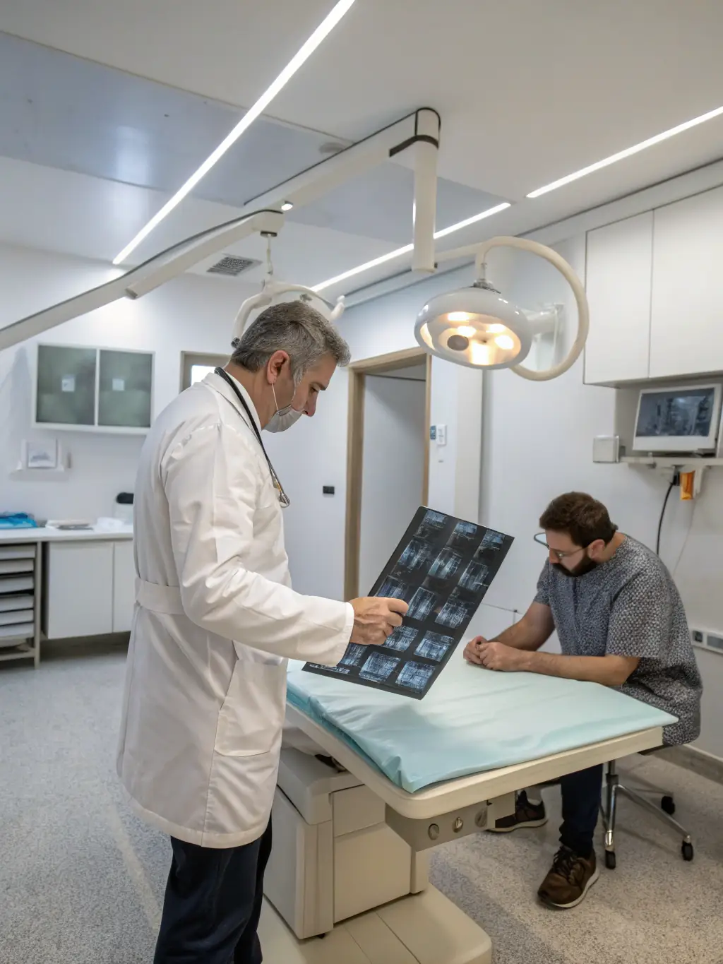 An image of a doctor examining an X-ray, with a focus on the skeletal structure. The image should convey professionalism and expertise, suitable for a medical education platform.
